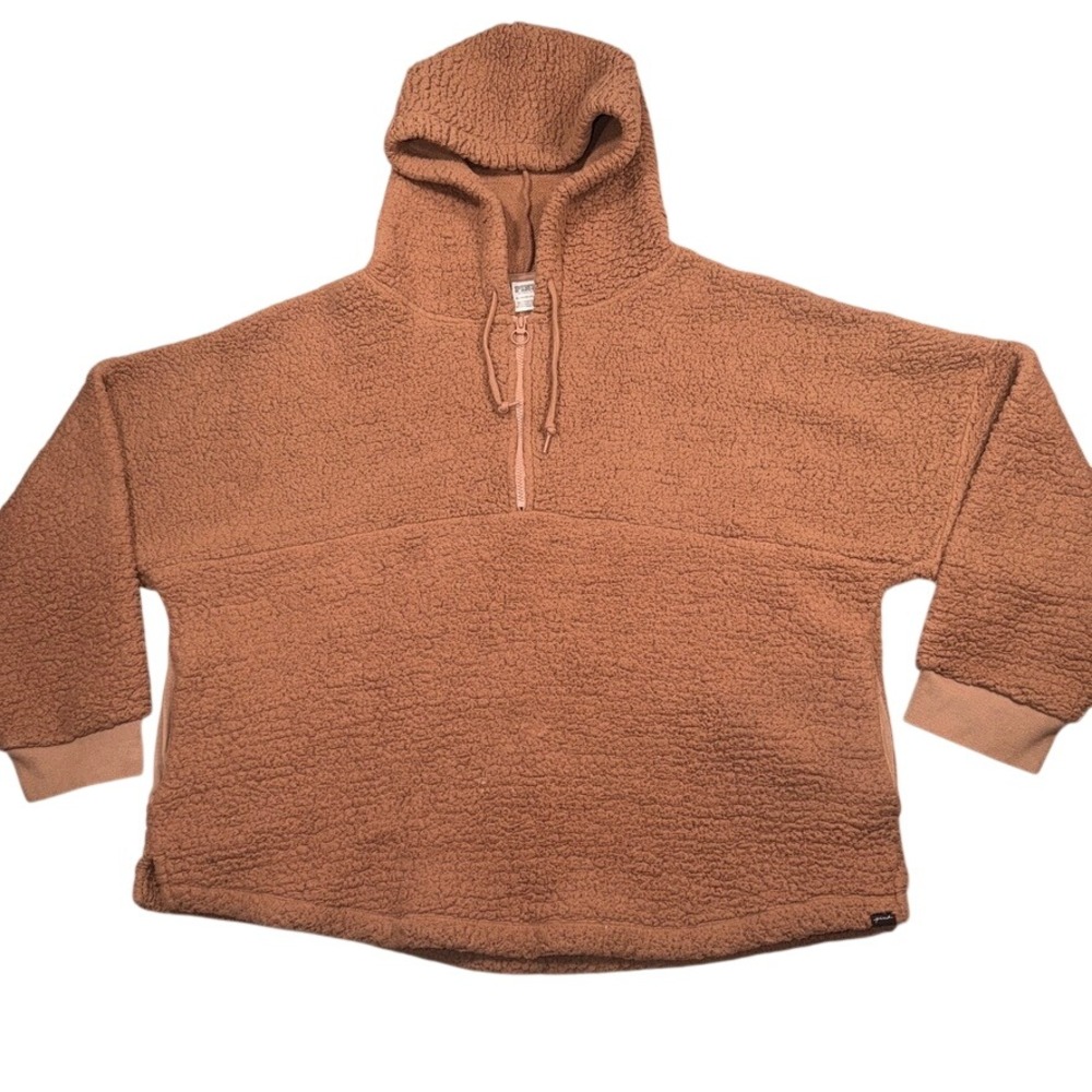 PINK Victoria's Secret Sherpa Quarter Zip Hoodie XL Women Brown Teddy Fleece